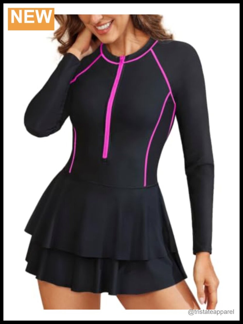 Women Long Sleeve One Piece Rash Guard Swimsuit with Shorts UPF 50+